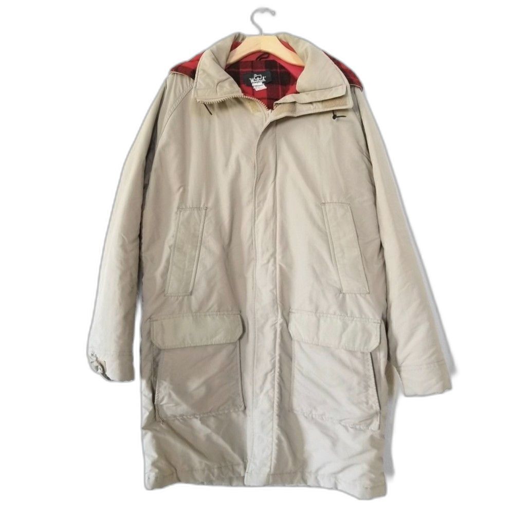 WOOLRICH Vintage Plaid Wool Long Cargo Parka Coat Insulated Hoodie Mens Medium